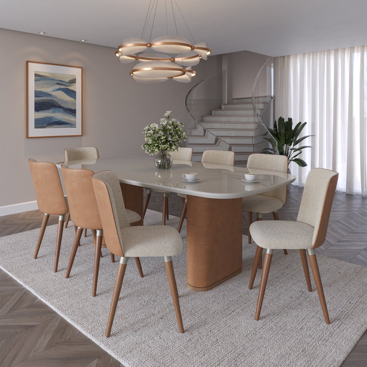 Mesa de Jantar Retangular com Vidro para 8 Lugares Lintz 219cm Off White Fosco com PU Caramelo e Canella - Província - Mesa de jantar