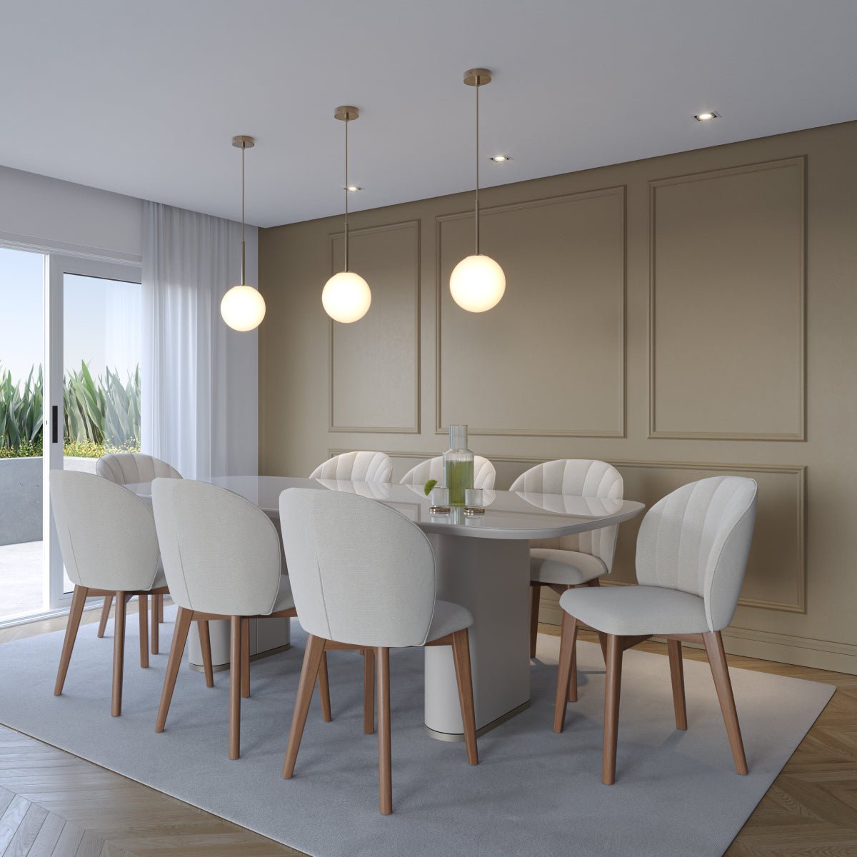 Mesa de Jantar Retangular com Vidro para 8 Lugares Lintz 219cm Off White Fosco com PU Off - White e Champanhe - Província - Mesa de jantar