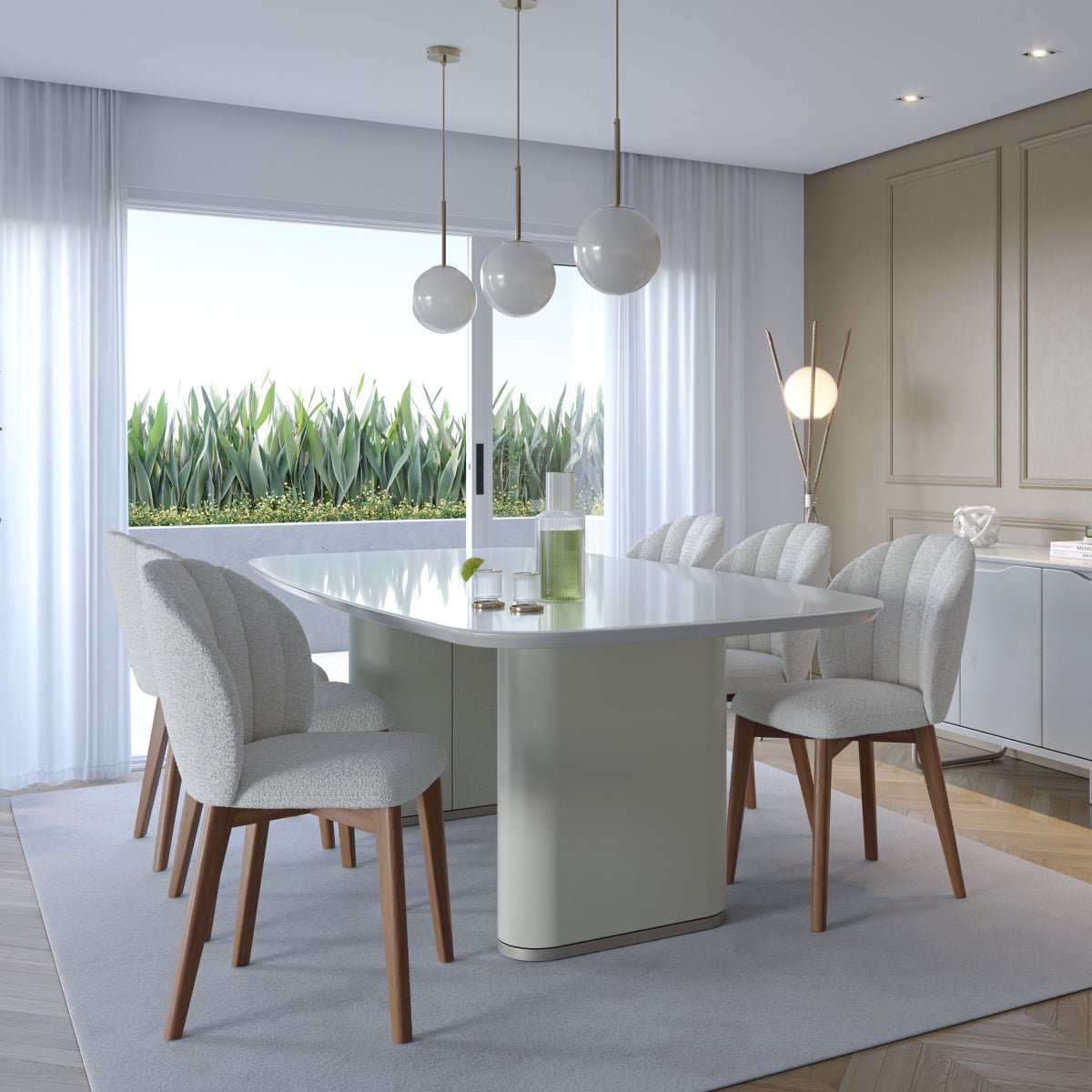 Mesa de Jantar Retangular com Vidro para 8 Lugares Lintz 219cm Off White Fosco com PU Off - White e Champanhe - Província - Mesa de jantar