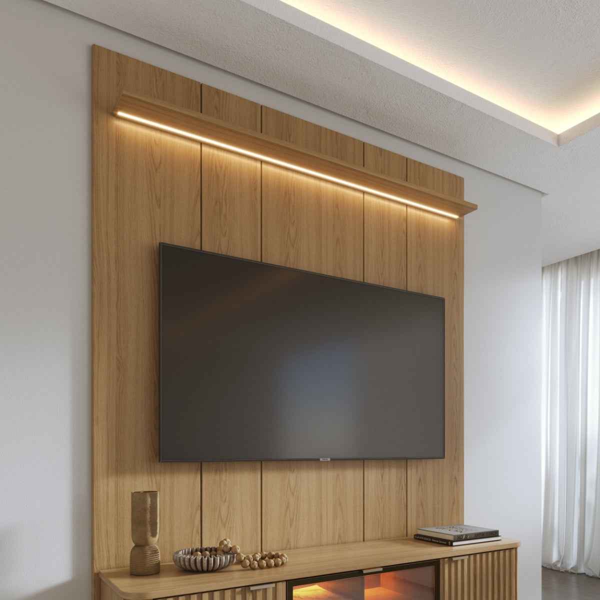 Painel para TV até 75 Polegadas com Prateleira e LED 100% MDF Neon Float 178cm - Província - Painel para TV
