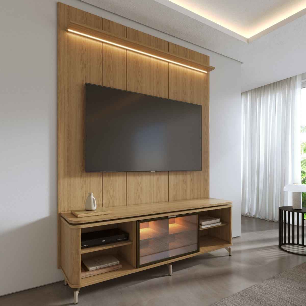 Rack com Painel para TV até 75 Polegadas Vidro Reflecta 100% MDF com Led Lincoln Float 178cm - Província - Rack com painel