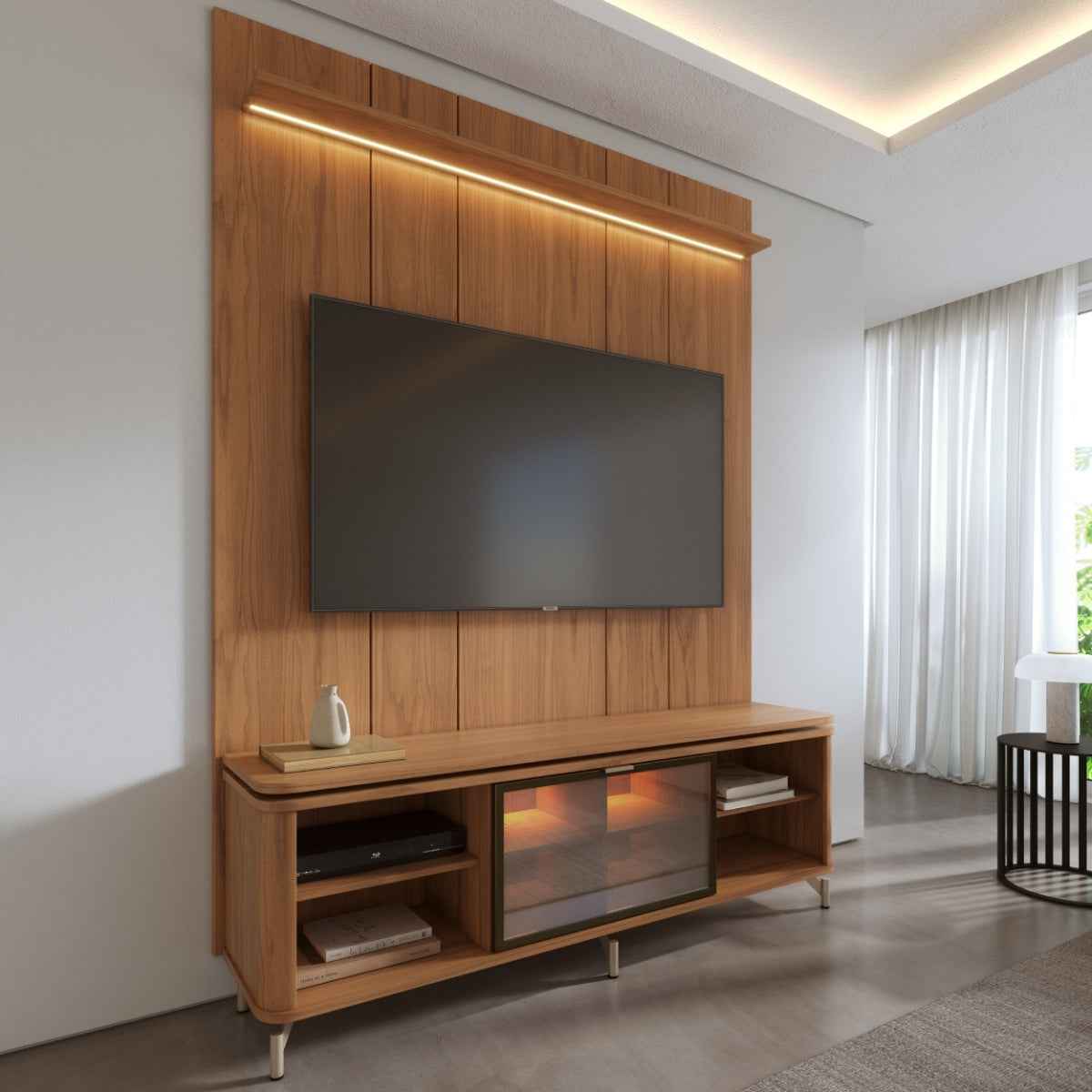 Rack com Painel para TV até 75 Polegadas Vidro Reflecta 100% MDF com Led Lincoln Float 178cm - Província - Rack com painel