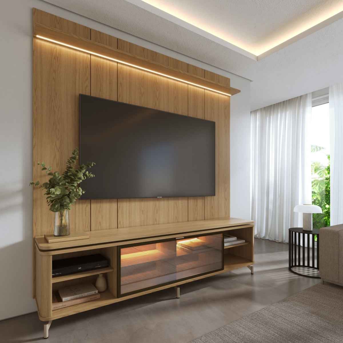 Rack com Painel para TV até 75 Polegadas Vidro Reflecta 100% MDF com Led Lincoln Float 215cm - Província - Rack com painel