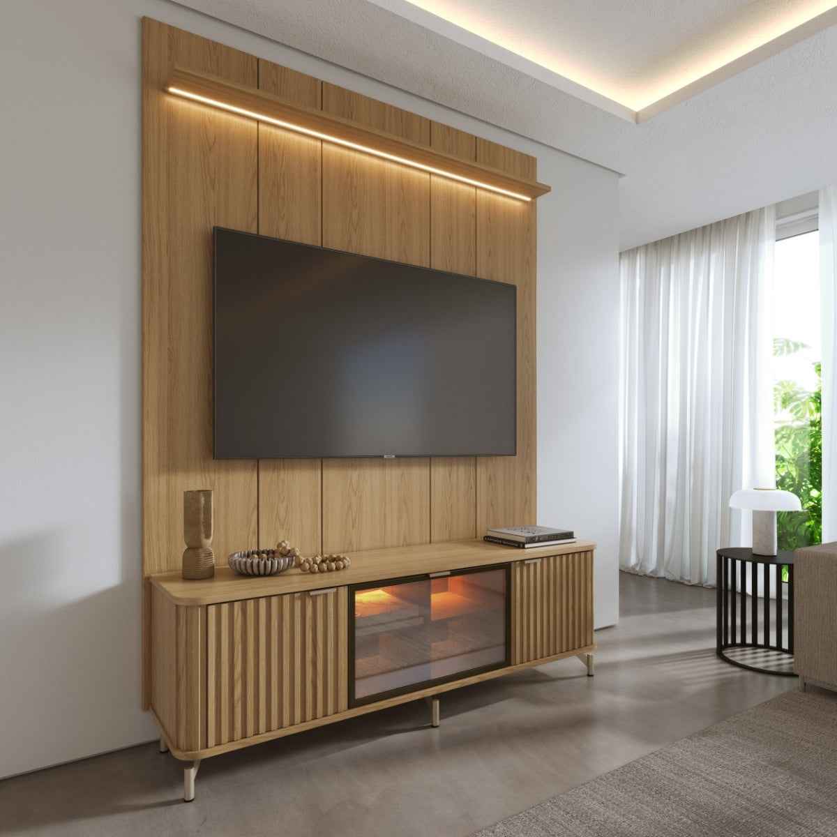 Rack com Painel para TV até 75 Polegadas Vidro Reflecta 100% MDF com Led Neon Float 178cm - Província - Rack com painel