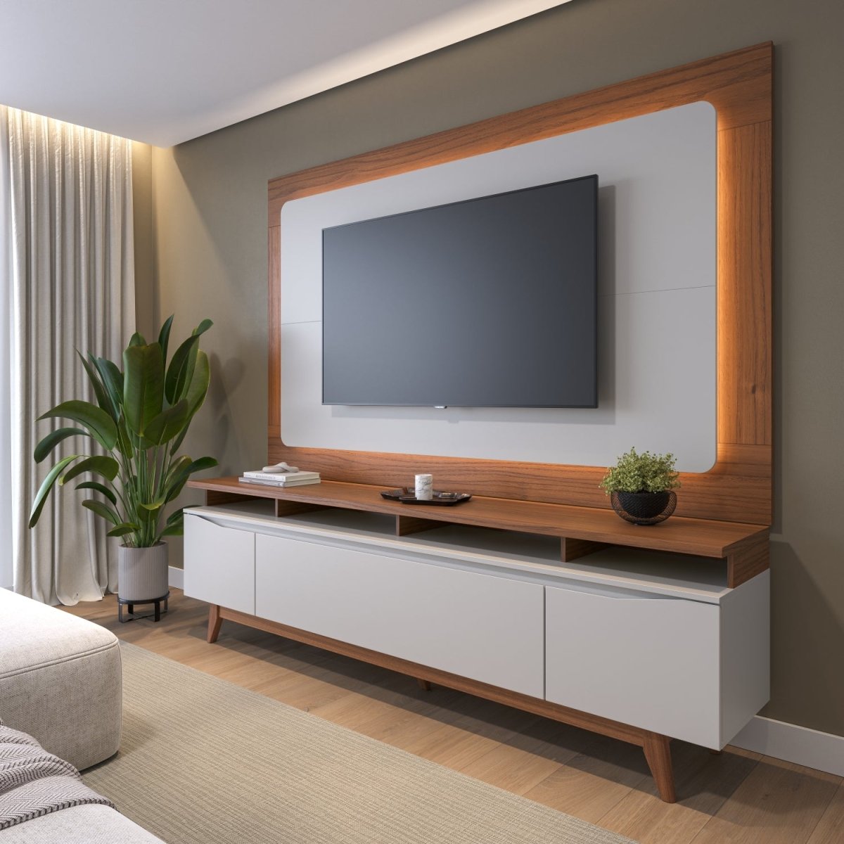 Rack Flynt ST com Painel para TV até 75 Polegadas 220cm Oslo Off White com Canela - Província - 