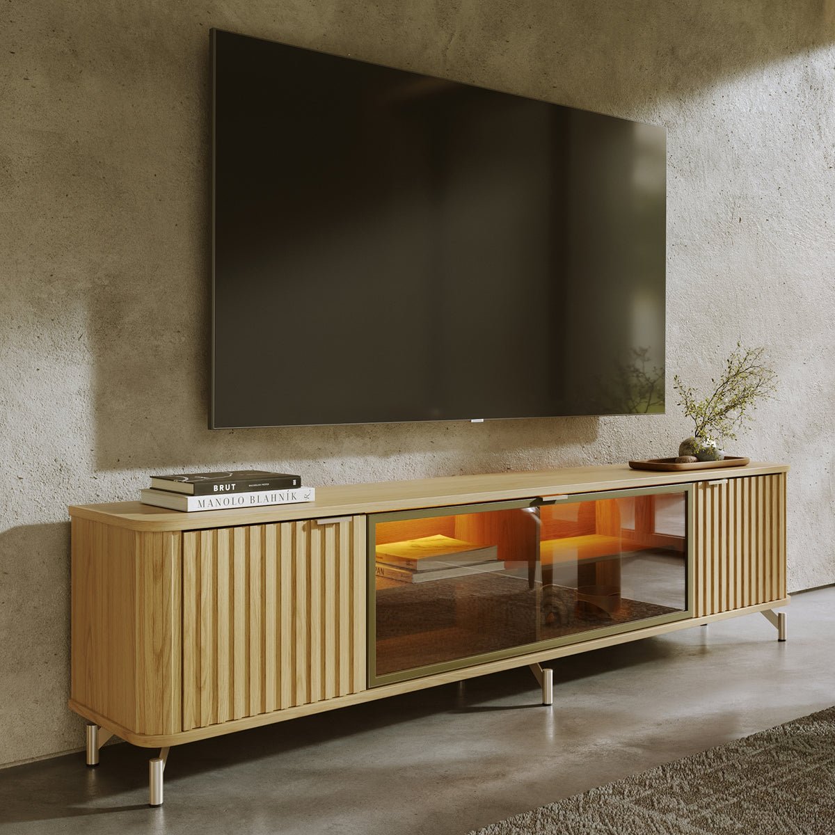 Rack para TVs até 85 Polegadas 100% MDF 3 Portas Vidro Reflecta Neon Float 212cm - Província - Rack