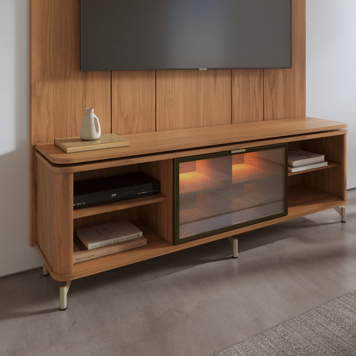 Rack com Painel para TV até 75 Polegadas Vidro Reflecta 100% MDF com Led Lincoln Float 178cm