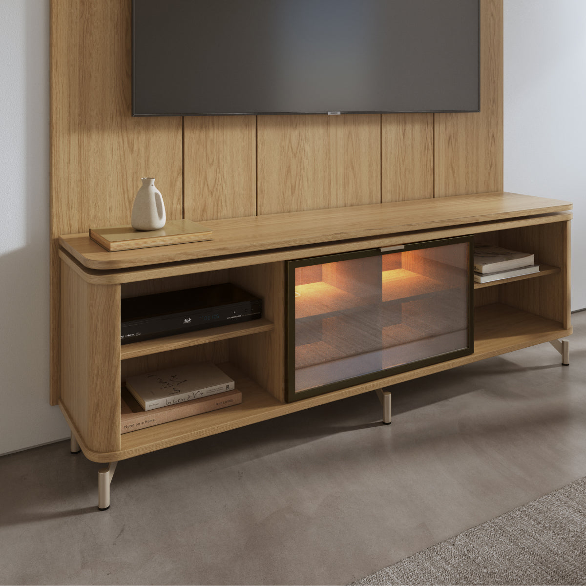 Rack com Painel para TV até 75 Polegadas Vidro Reflecta 100% MDF com Led Lincoln Float 178cm