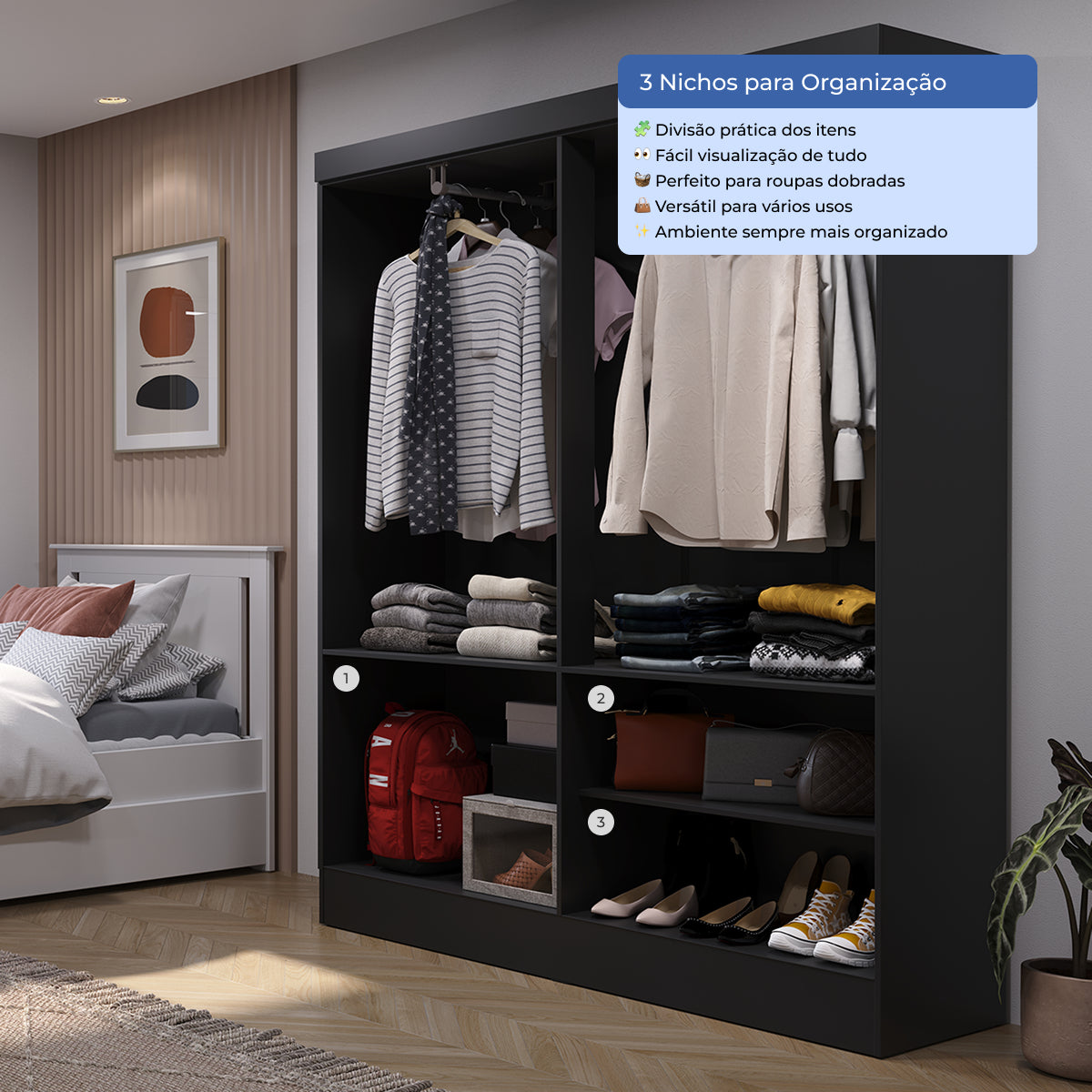 Guarda Roupa Solteiro 4 Portas Renzo 135cm Preto