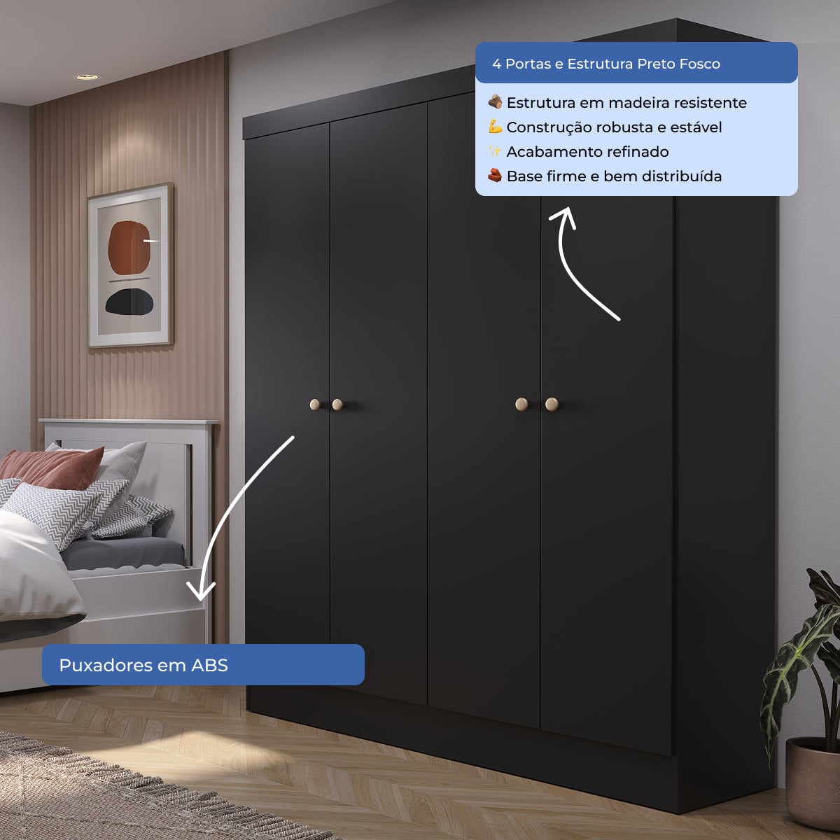 Guarda Roupa Solteiro 4 Portas Renzo 135cm Preto