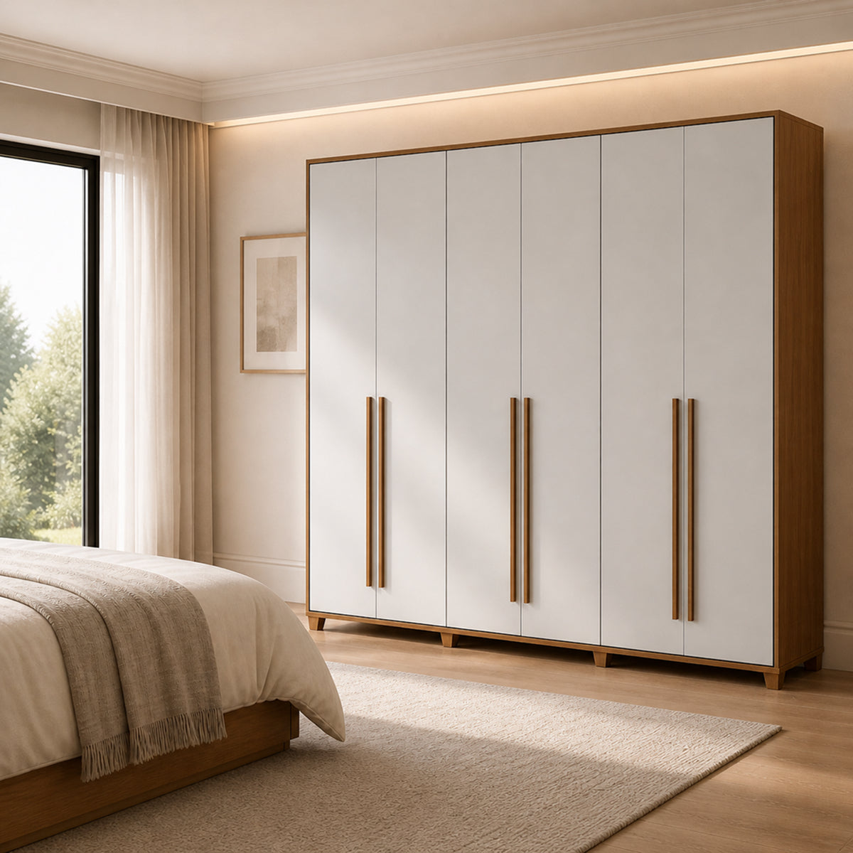 Guarda Roupa Casal 6 portas 100% MDF com Espelho Interno Rockford 274cm Canella com Off-White Fosco