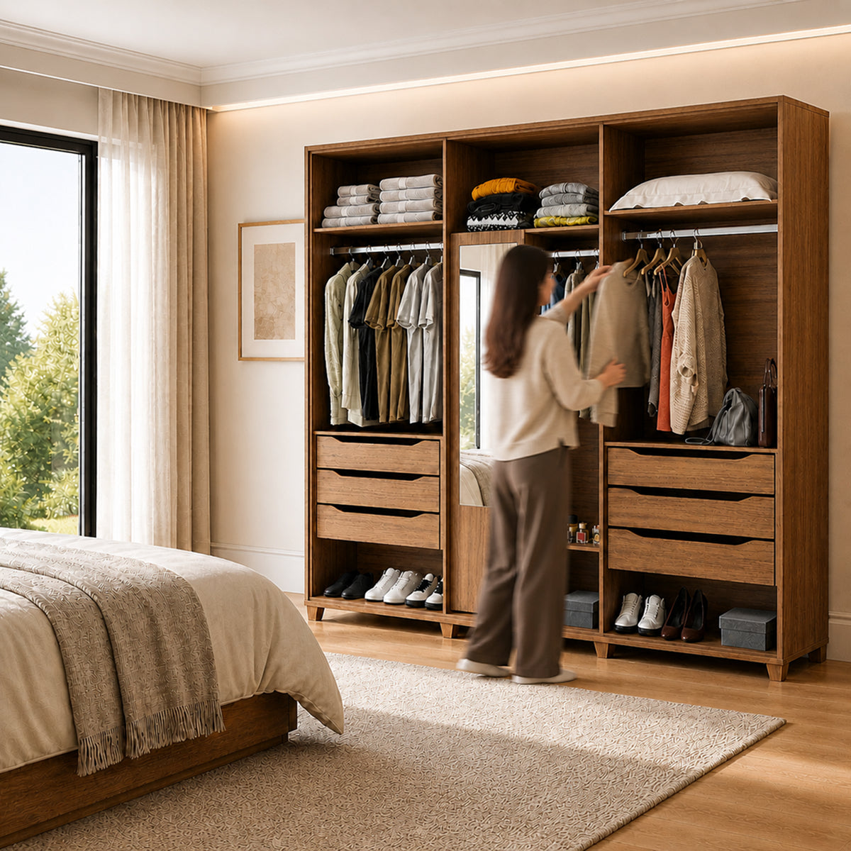 Guarda Roupa Casal 6 portas 100% MDF com Espelho Interno Rockford 274cm Canella com Off-White Fosco