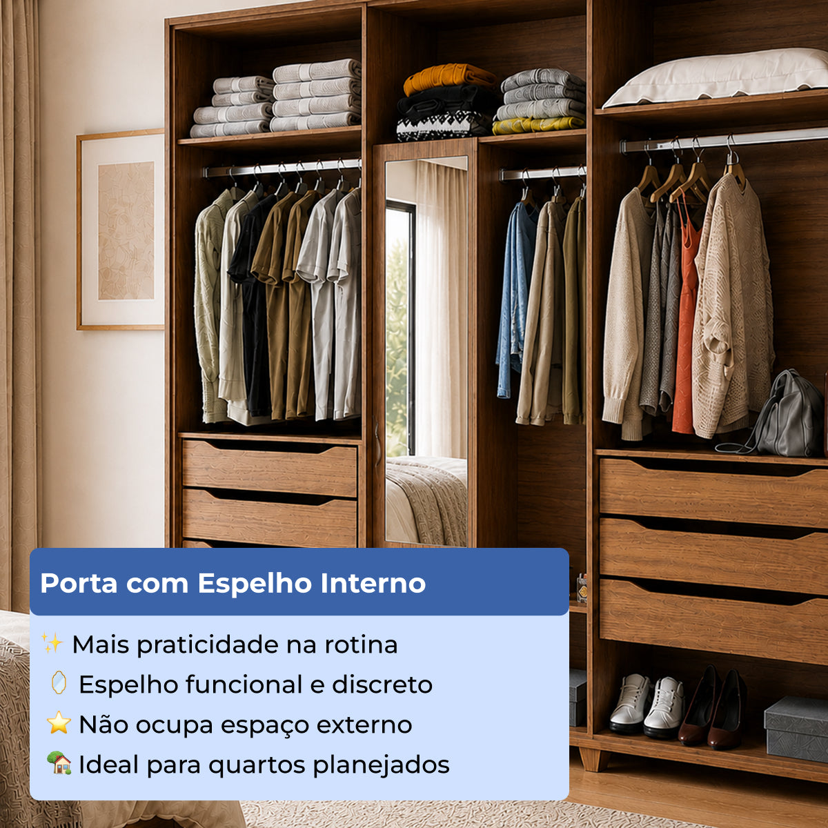 Guarda Roupa Casal 6 portas 100% MDF com Espelho Interno Rockford 274cm Canella com Off-White Fosco