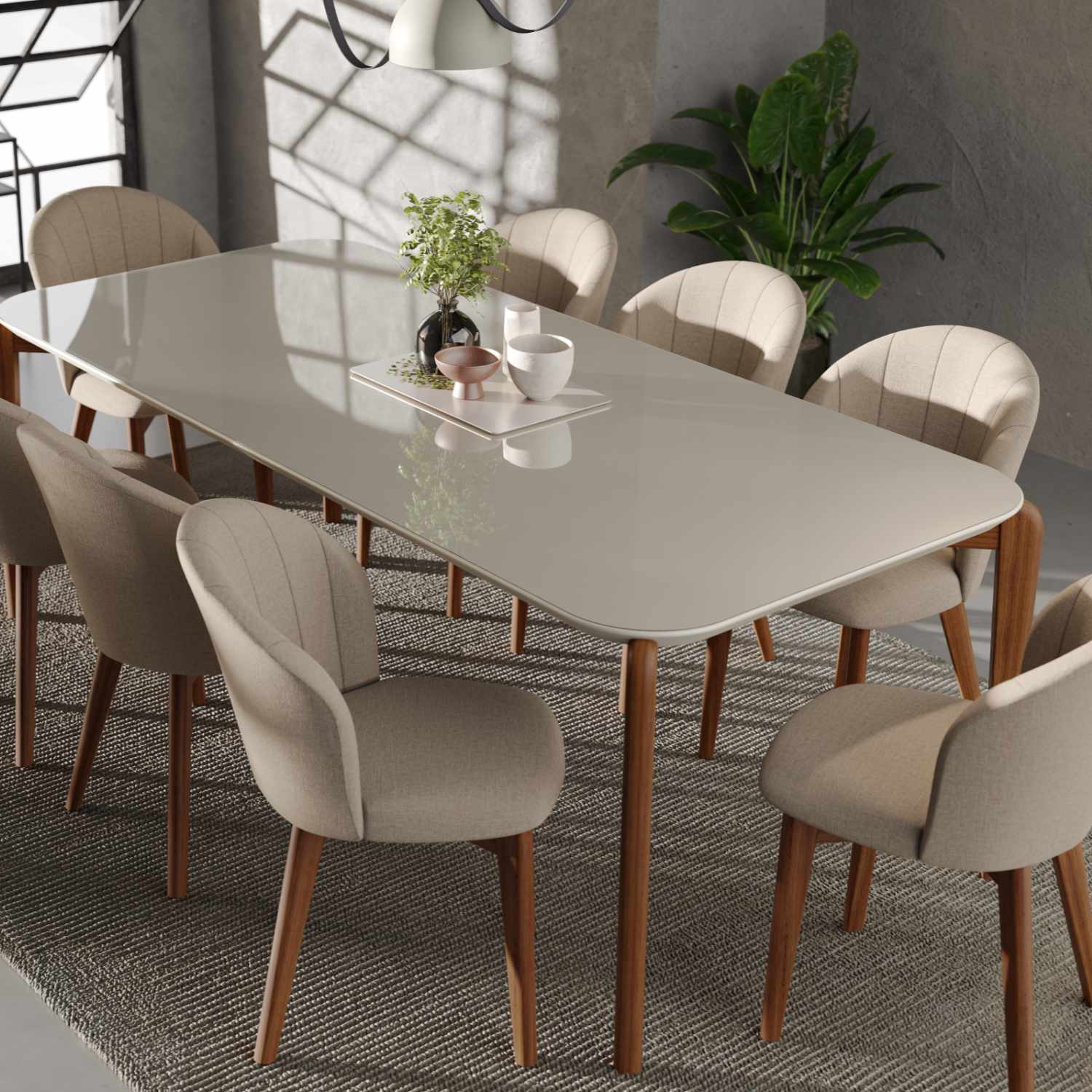 Mesa de Jantar Retangular com Vidro para 6 Lugares Donatella 180cm Off-White Fosco com Natural